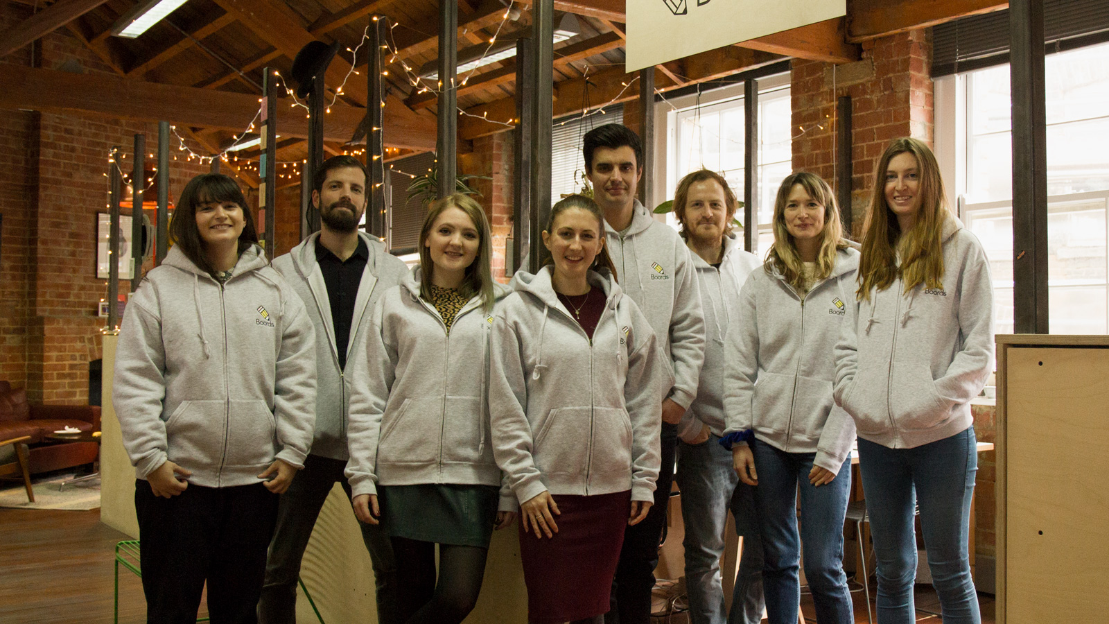 BoordsTeam The Boords team, including James Chambers (fifth from left), poses for a picture in their London office.