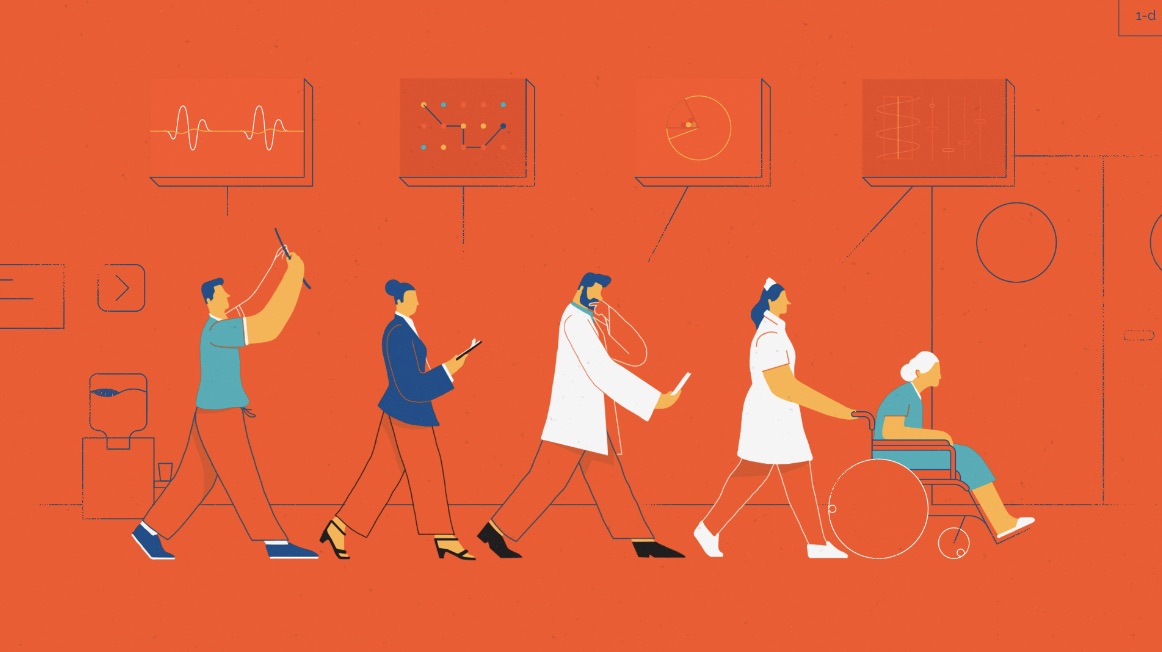 MatrixCare Animated Video Characters illustration of doctor nurse and people on smart phones