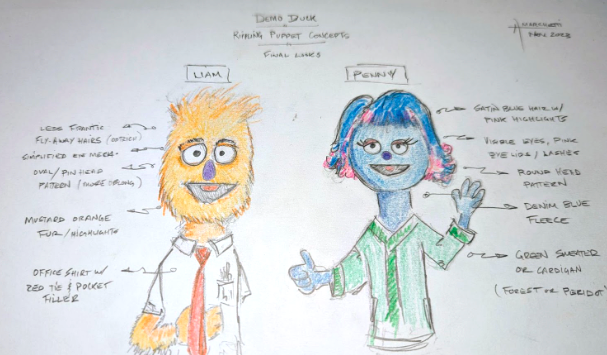 Penny and Liam Diagram Andrew's early iteration of Liam and Penny's designs.
